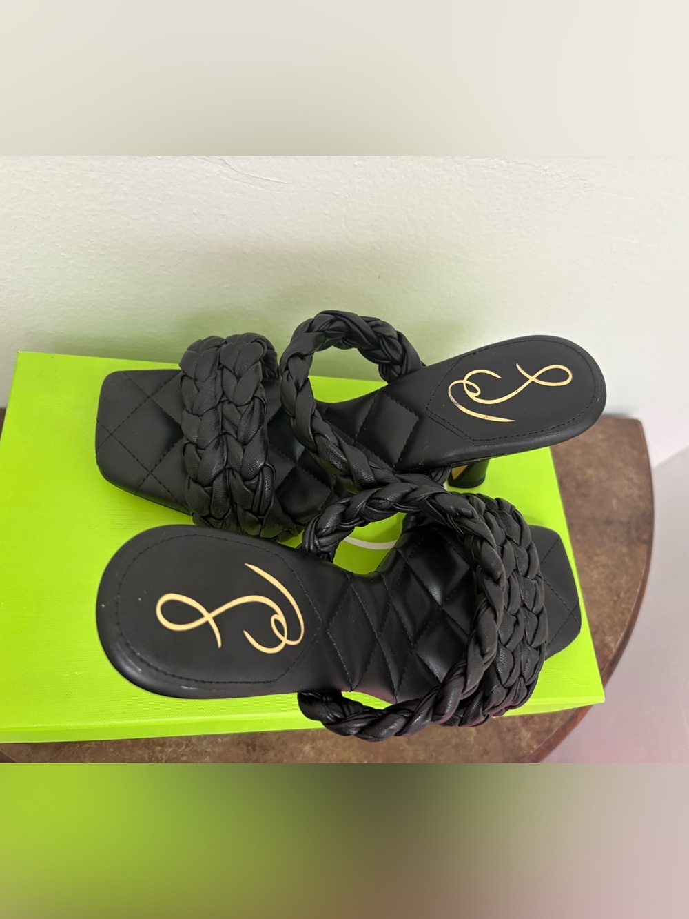 NIB Sam Edelman Meghan Black Nappa Braided Mule Heels Size 8.5 Square Toe - Picture 2 of 9